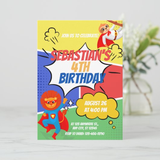 スーパーヒーローテーマ子供の誕生日パーティー 招待状 (スタンド正面)