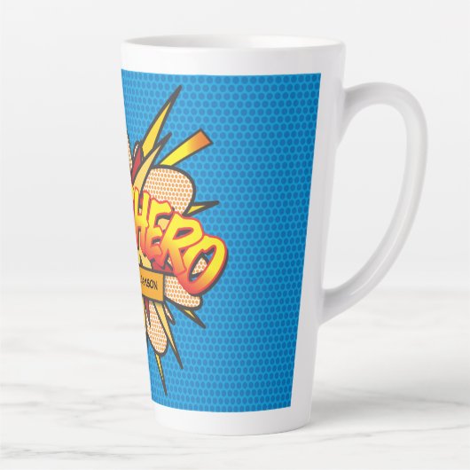 スーパーヒーローネームおもしろいレトロ漫画ブックアーポップ・アートのト カフェラテマグ (右)