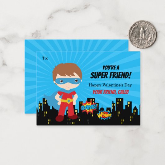 スーパーヒーローバレンタインカード – ボーイズ漫画スクール ノートカード (正面/裏面インサイチュ)