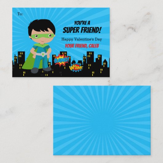 スーパーヒーローバレンタインカード – 男の子のダークスキン ノートカード (正面/裏面)
