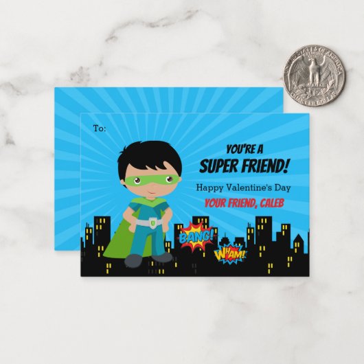 スーパーヒーローバレンタインカード – 男の子のダークスキン ノートカード (正面/裏面インサイチュ)