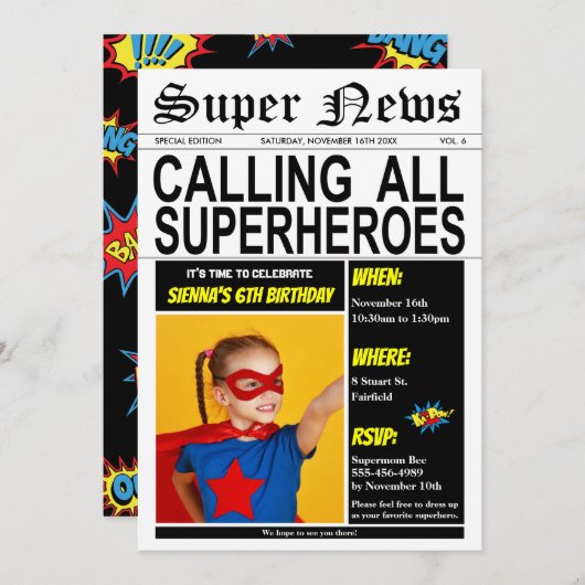 スーパーヒーローバースデーパーテすごいィーヒーローガールボーイ写真 招待状 (正面/裏面)