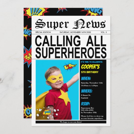 スーパーヒーローバースデーパーテすごいィーヒーローボーイガール写真 招待状 (正面/裏面)