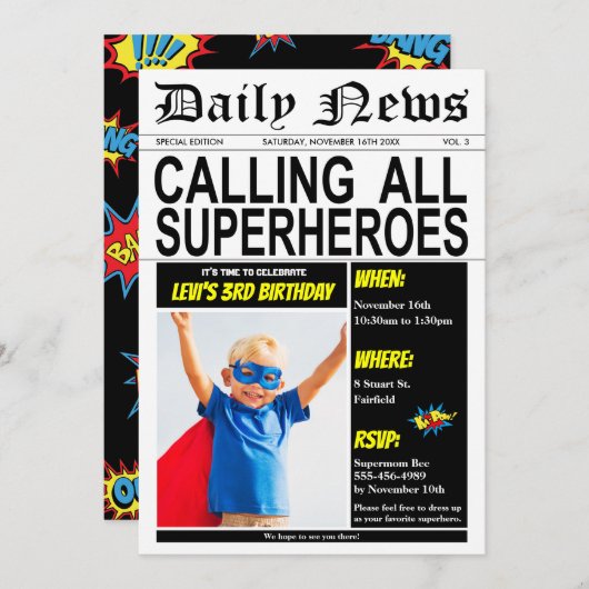 スーパーヒーローバースデーパーティすごいーヒーローボーイ写真 招待状 (正面/裏面)