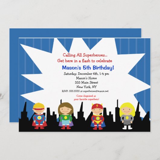 スーパーヒーローバースデーパーティ招待状 招待状 (正面/裏面)