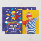 スーパーヒーローパーティの招待状ボーイズ青すごい写真 招待状 (正面/裏面)