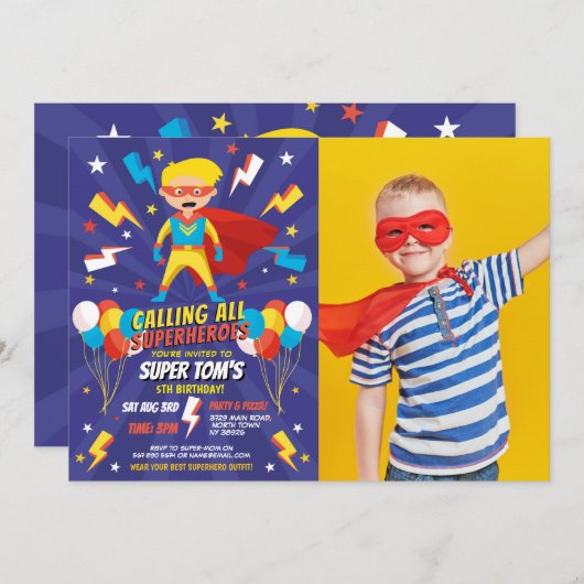 スーパーヒーローパーティの招待状ボーイズ青すごい写真 招待状 (正面/裏面)