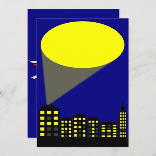 スーパーヒーローパーティの招待状 – シティスケープ&スポットライト 招待状 (正面/裏面)