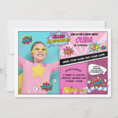 スーパーヒーローパーティーすごいヒーローフォトガール誕生日 招待状 (正面)