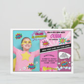 スーパーヒーローパーティーすごいヒーローフォトガール誕生日 招待状 (スタンド正面)