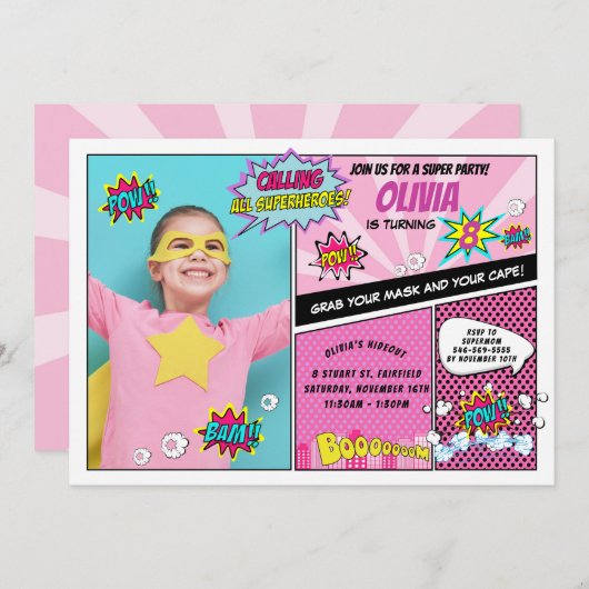 スーパーヒーローパーティーすごいヒーローフォトガール誕生日 招待状 (正面/裏面)