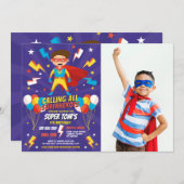 スーパーヒーローパーティーフォトボーイズ青すごい星 招待状 (正面/裏面)