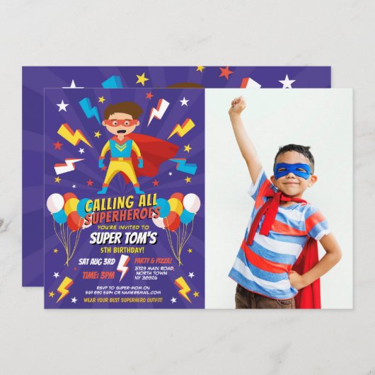 スーパーヒーローパーティーフォトボーイズ青すごい星 招待状 (正面/裏面)