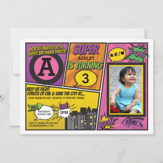 スーパーヒーローピンクガール招待状すごい招待状 招待状 (正面)