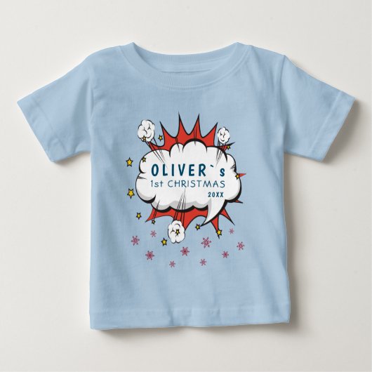 スーパーヒーローベイビーの初めてのクリスマス雪の結晶 ベビーTシャツ (正面)