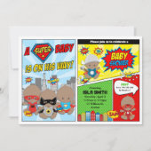 スーパーヒーローベビーシャワーボーイアフリカ系アメリカ人 招待状 (正面)