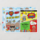 スーパーヒーローベビーシャワーボーイアフリカ系アメリカ人 招待状 (正面/裏面)