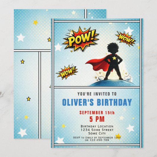 スーパーヒーローボーイの誕生日パーティー 招待状 (正面/裏面)