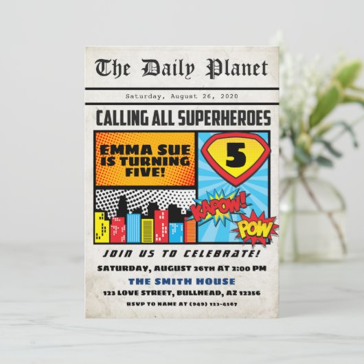 スーパーヒーローボーイ新聞漫画スタイル誕生日 招待状 (スタンド正面)