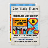 スーパーヒーローボーイ新聞漫画スタイル誕生日 招待状 (正面/裏面)