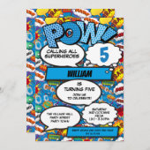 スーパーヒーローボーイ漫画ブックバースデーパーティーブルー 招待状 (正面/裏面)