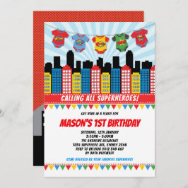 スーパーヒーローボーイ第1誕生日シティスケープ漫画パーティー 招待状