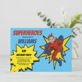 スーパーヒーロー写真テンプレート子供誕生日パーティー 招待状 (スタンド正面)