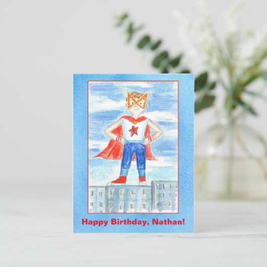 スーパーヒーロー名前をカスタムするハッピーバースデー ポストカード (スタンド正面)