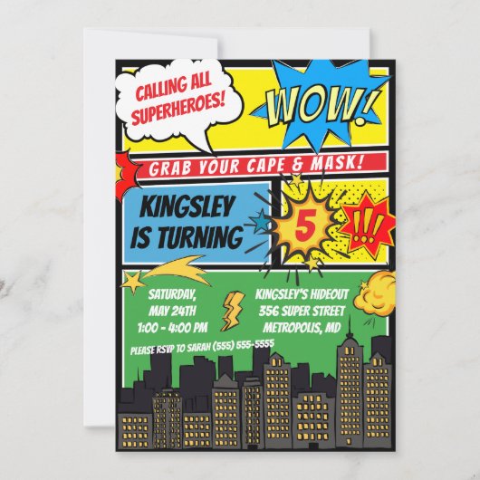 スーパーヒーロー呼び出し！漫画誕生日パーティー 招待状 (正面)
