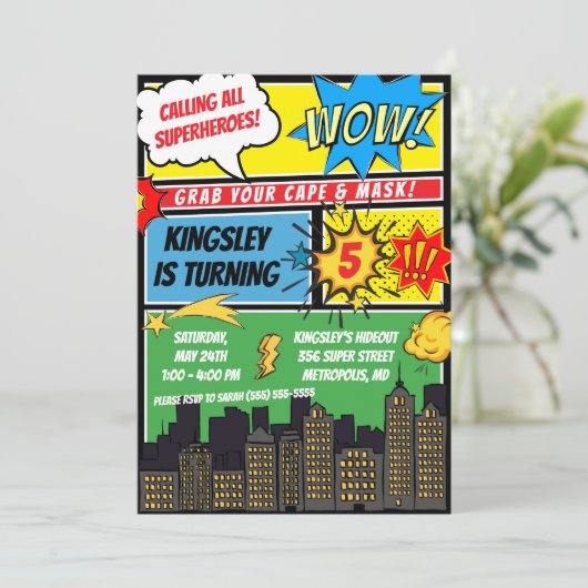 スーパーヒーロー呼び出し！漫画誕生日パーティー 招待状 (スタンド正面)