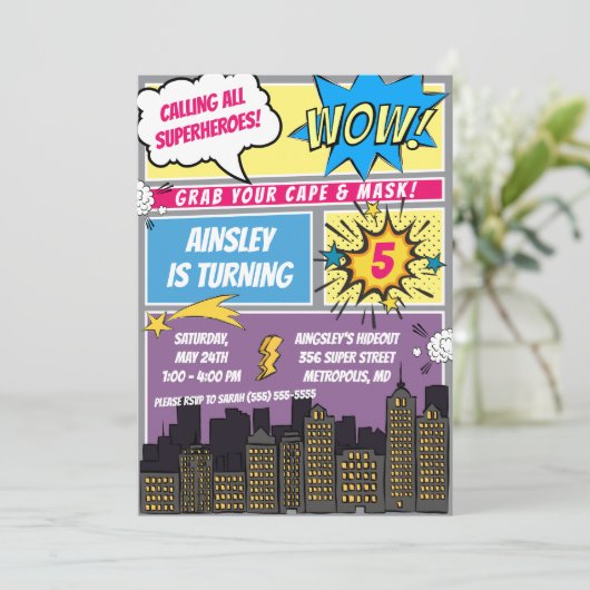 スーパーヒーロー呼び出し!漫画誕生日パーティー 招待状 (スタンド正面)