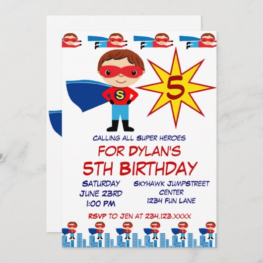 スーパーヒーロー子供の誕生日パーティの招待状forボーイズ 招待状 (正面/裏面)