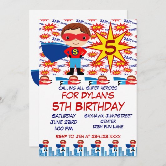 スーパーヒーロー子供の誕生日パーティの招待状for Boys 招待状 (正面/裏面)