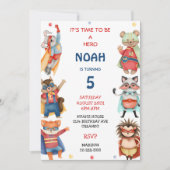 スーパーヒーロー少年の誕生日パーティーの招待 招待状 (正面)