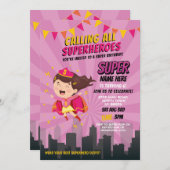 スーパーヒーロー招待ピンクの女の子のスーパーパーティー 招待状 (正面/裏面)