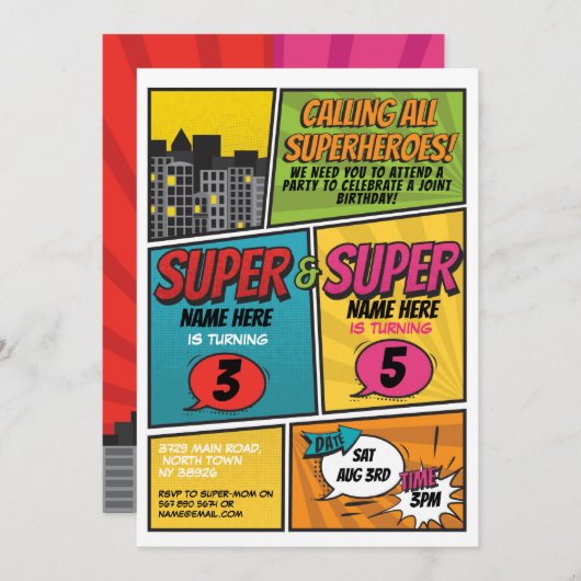 スーパーヒーロー招待状シェア共同パーティー少年少女 招待状 (正面/裏面)
