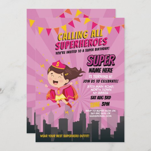 スーパーヒーロー招待状ピンクガールズすごいパーティー 招待状 (正面/裏面)