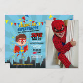 スーパーヒーロー招待状ボーイズブルーフォトすごいパーティー 招待状 (正面/裏面)