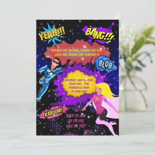 スーパーヒーロー招待状、ツインズ誕生日招待状 招待状 (スタンド正面)