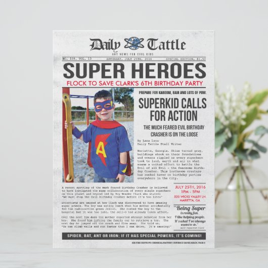 スーパーヒーロー新聞招待状- 6.5 x 8.75 招待状 (スタンド正面)