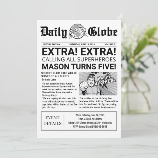 スーパーヒーロー新聞誕生日招待状 招待状 (スタンド正面)