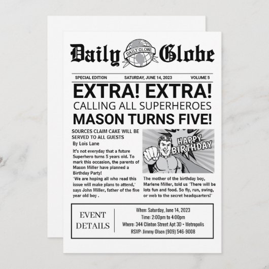 スーパーヒーロー新聞誕生日招待状 招待状 (正面/裏面)