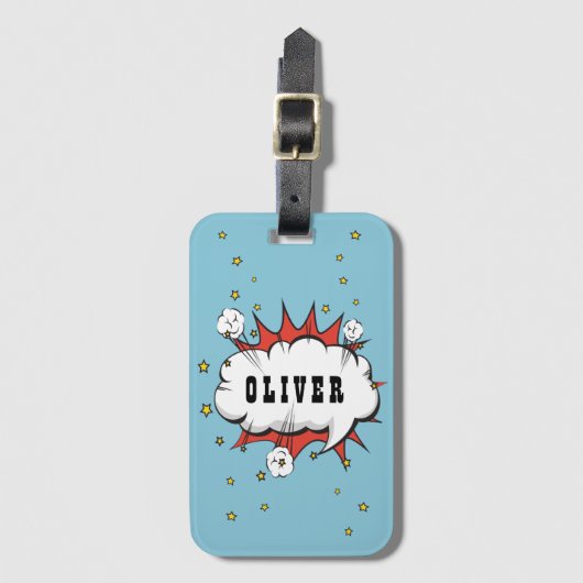スーパーヒーロー漫画のスピーチバブル少年名 ラゲッジタグ (正面縦)