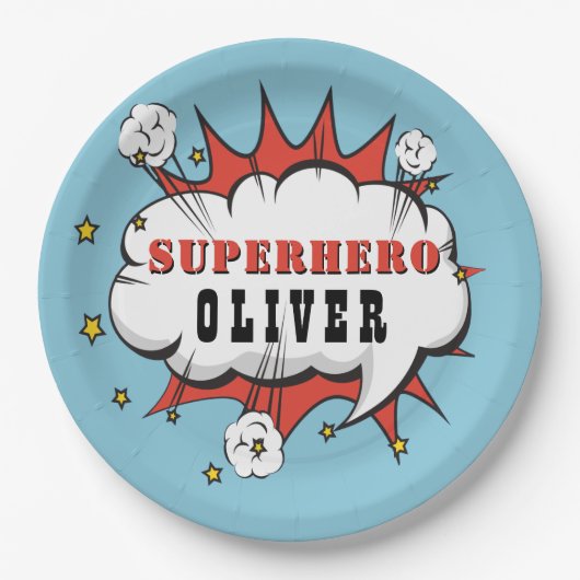 スーパーヒーロー漫画の吹き出し少年誕生日パーティー ペーパープレート (正面)