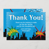 スーパーヒーロー漫画の少年誕生日パーティー感謝祭 サンキューカード (正面/裏面)