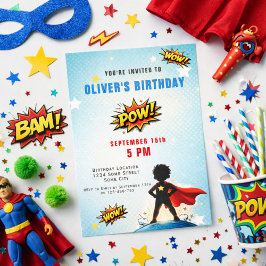 スーパーヒーロー漫画の少年誕生日パーティー 招待状