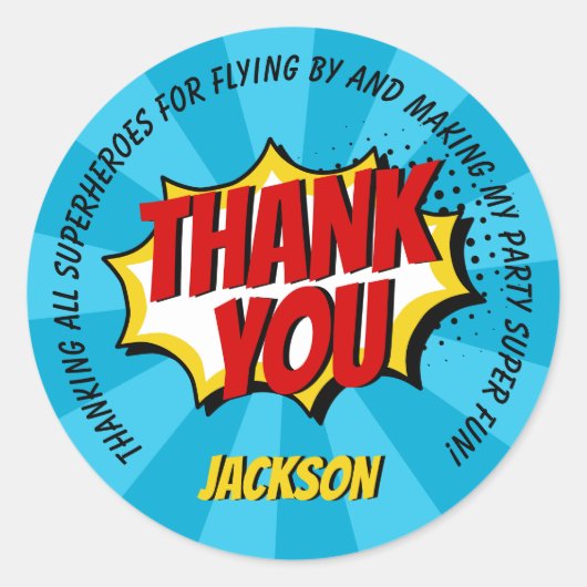 スーパーヒーロー漫画スタイルボーイ誕生日ブルーサンキューユー ラウンドシール (正面)