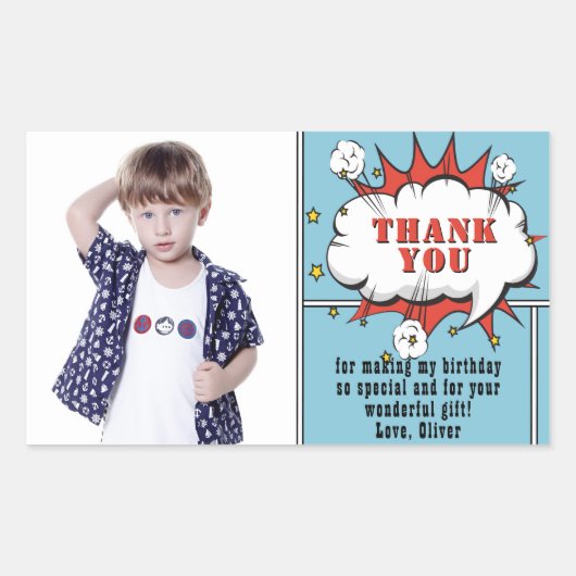 スーパーヒーロー漫画スピーチクラウドフォト誕生日 長方形シール (正面)