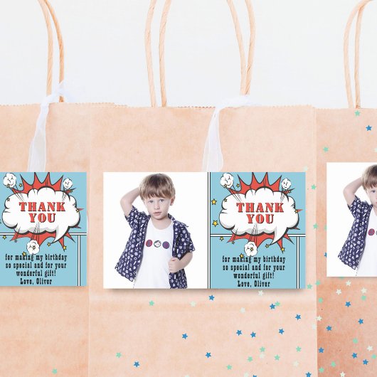 スーパーヒーロー漫画スピーチクラウドフォト誕生日 長方形シール