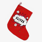 スーパーヒーロー漫画スピーチクラウドボーイネーム ラージクリスマスストッキング (正面 (吊り時))